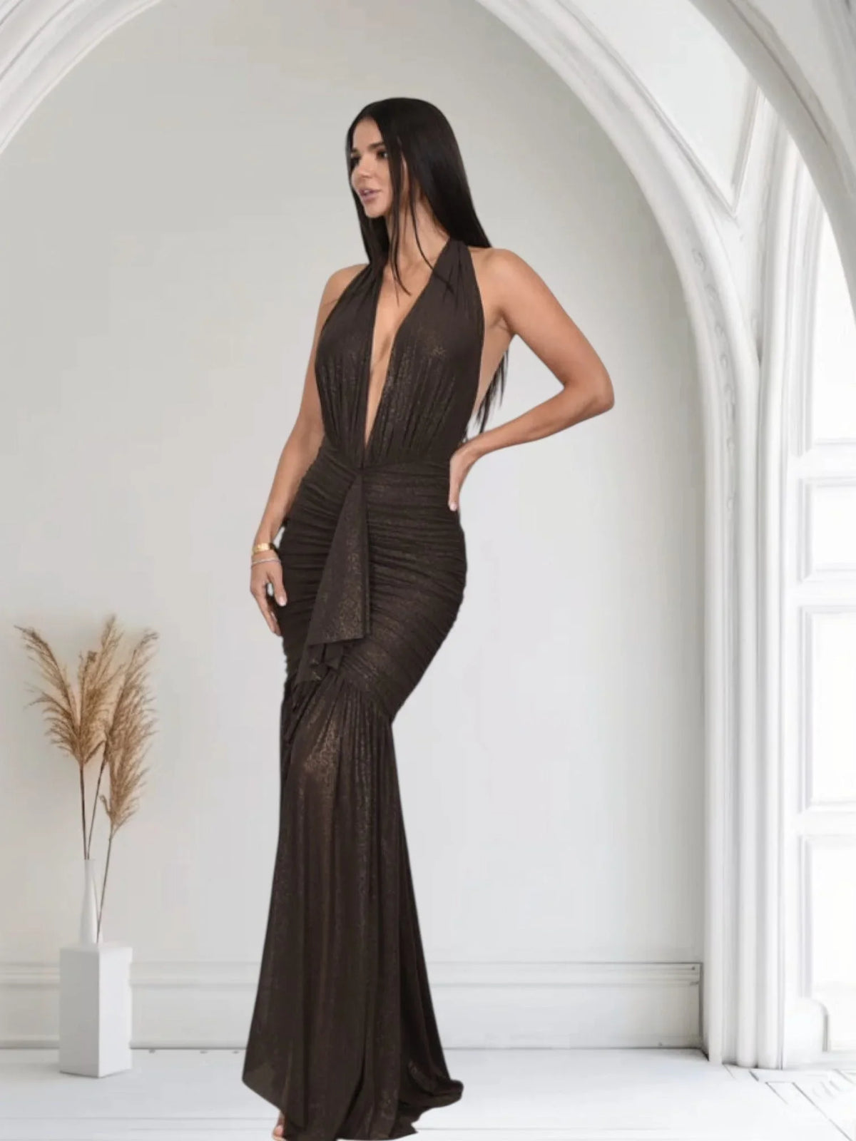 Golden Aura Ruched Mesh Halter Maxi Dress - Chocolate
