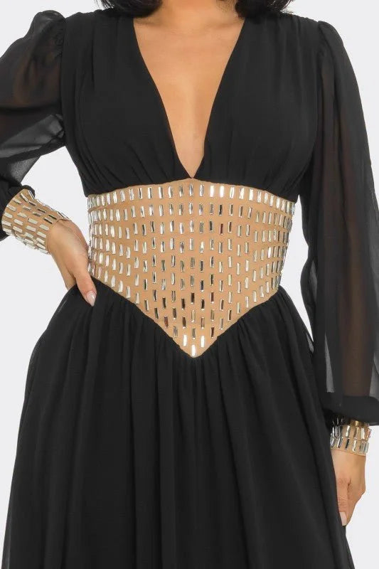 Golden Empress Belted Maxi Dress - Black