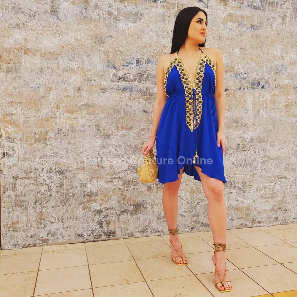 Halter Neck Premium Resort Mini Dress - Royal Blue