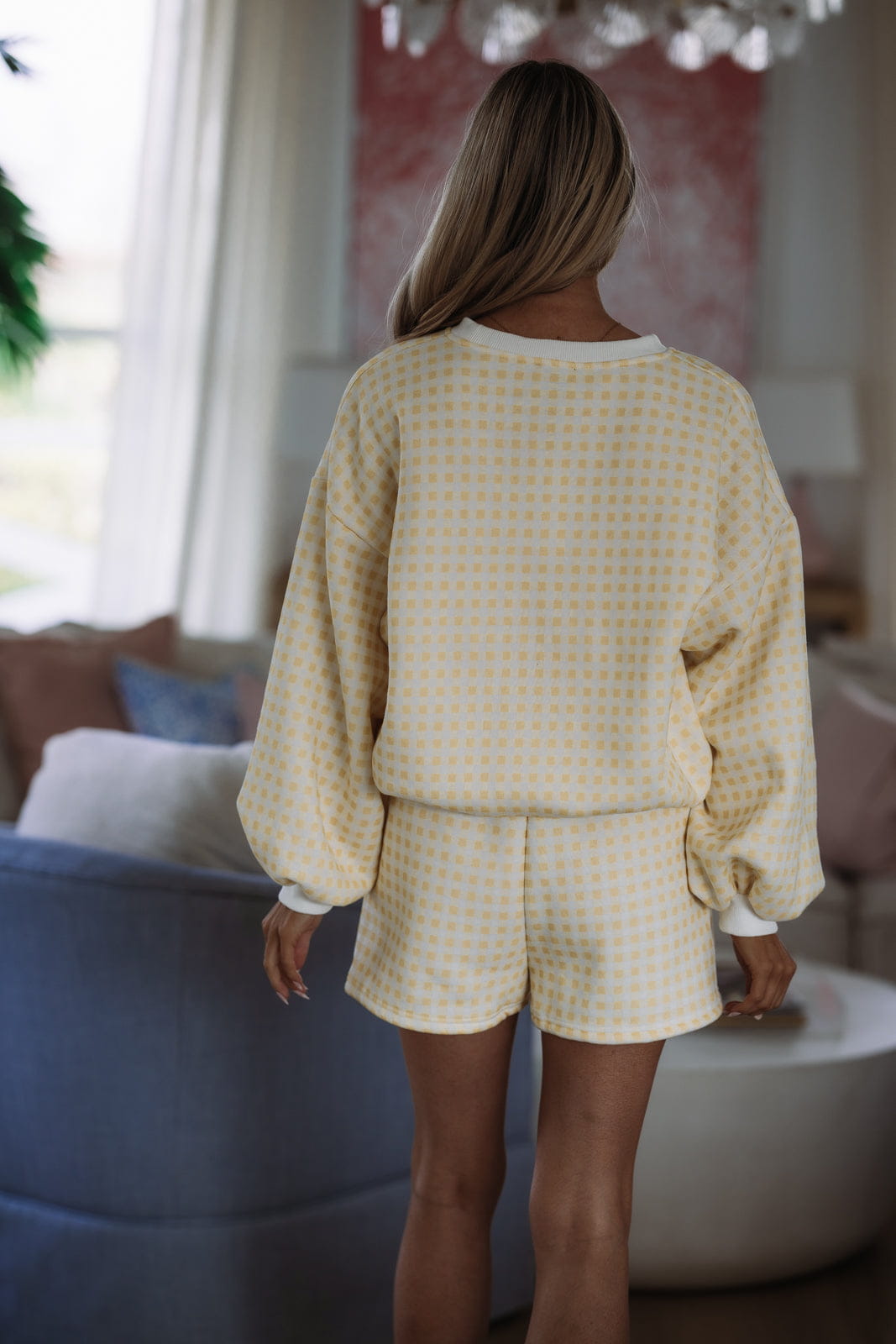 Something Cozy Crewneck Top and Shorts Set - Yellow and White