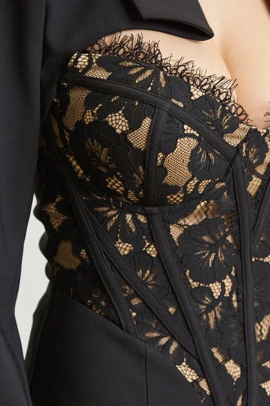 High Class Lace Trim Blazer 2 pcs Jumpsuit Set (Black)