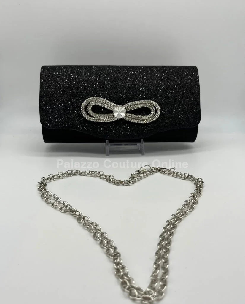 Infinity Glitter Black Bow Clutch with Rhinestone Accent