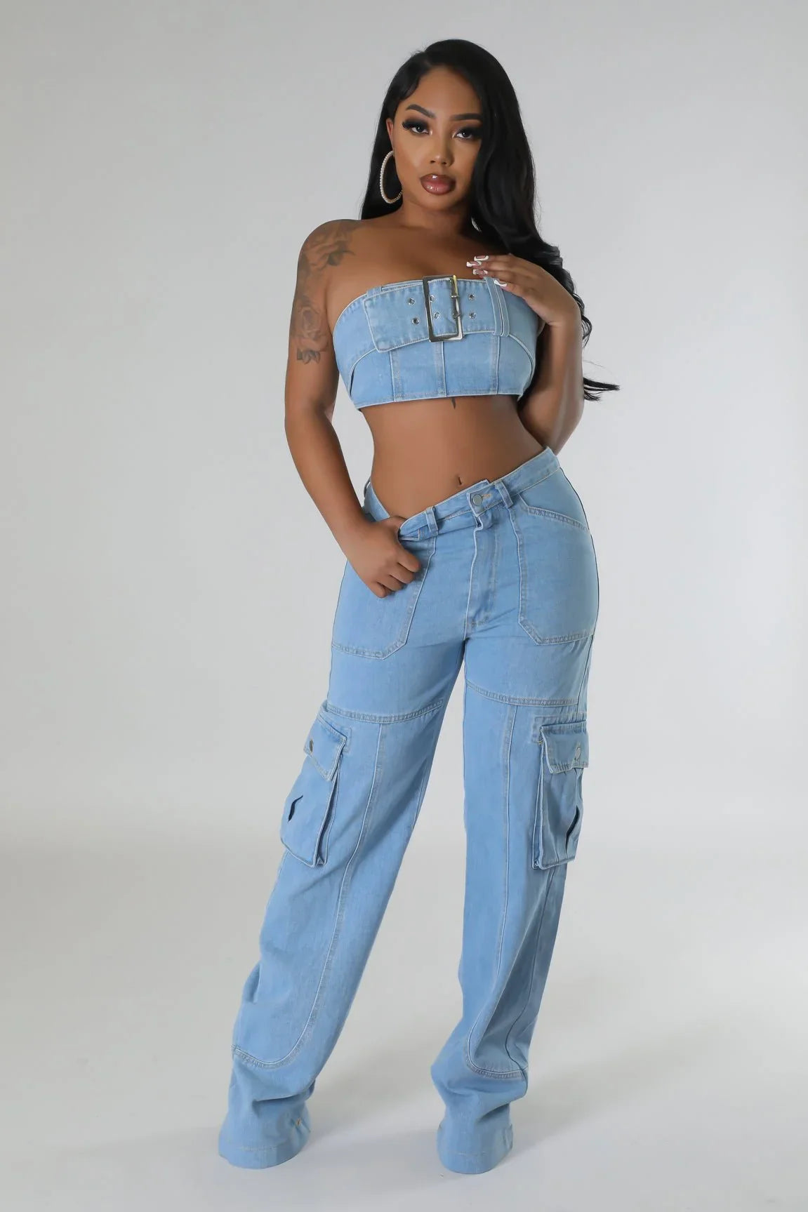 Jances Denim Pant Set with Tube Top and High-Waist Jeans