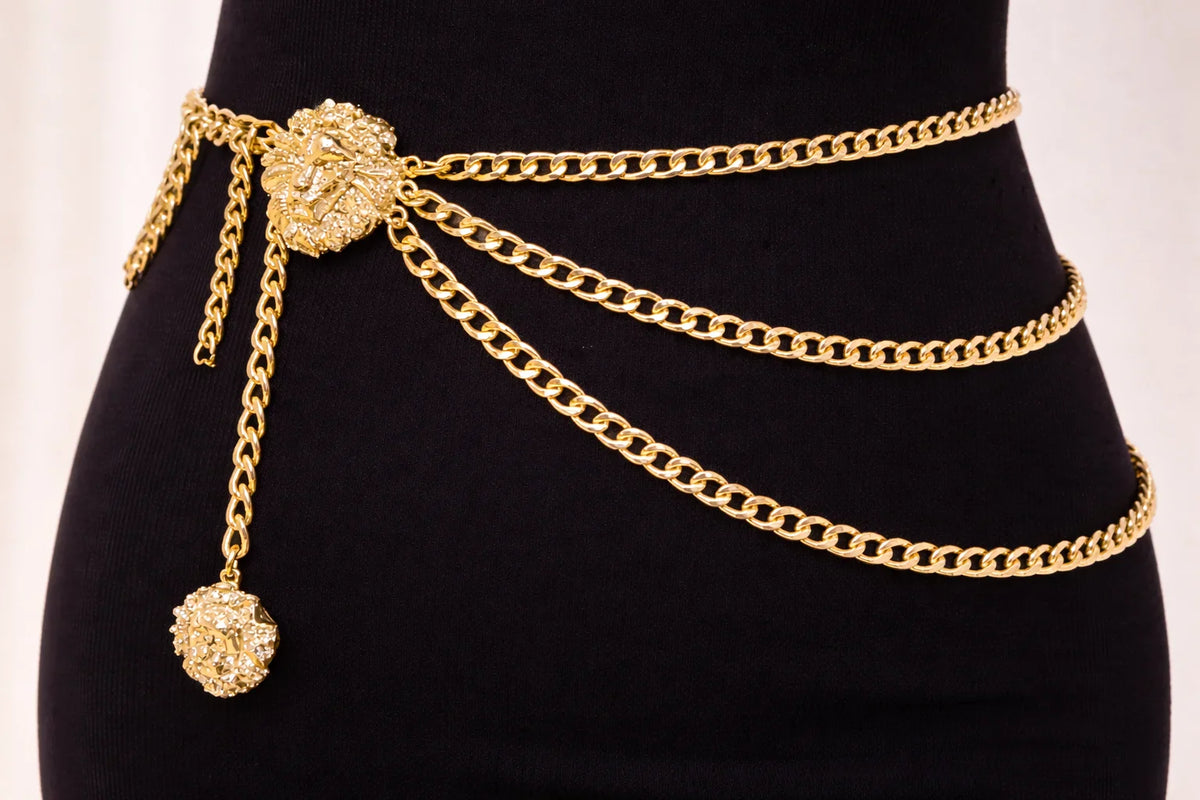 Lioness Chain Belt with Draped Chains and Lion Detail