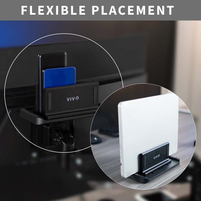 Multifunctional adjustable thin client mini PC mount can be installed on the back of a freestanding monitor, in between a monitor and VESA mount arm, or used as a freestanding holder on your desk.