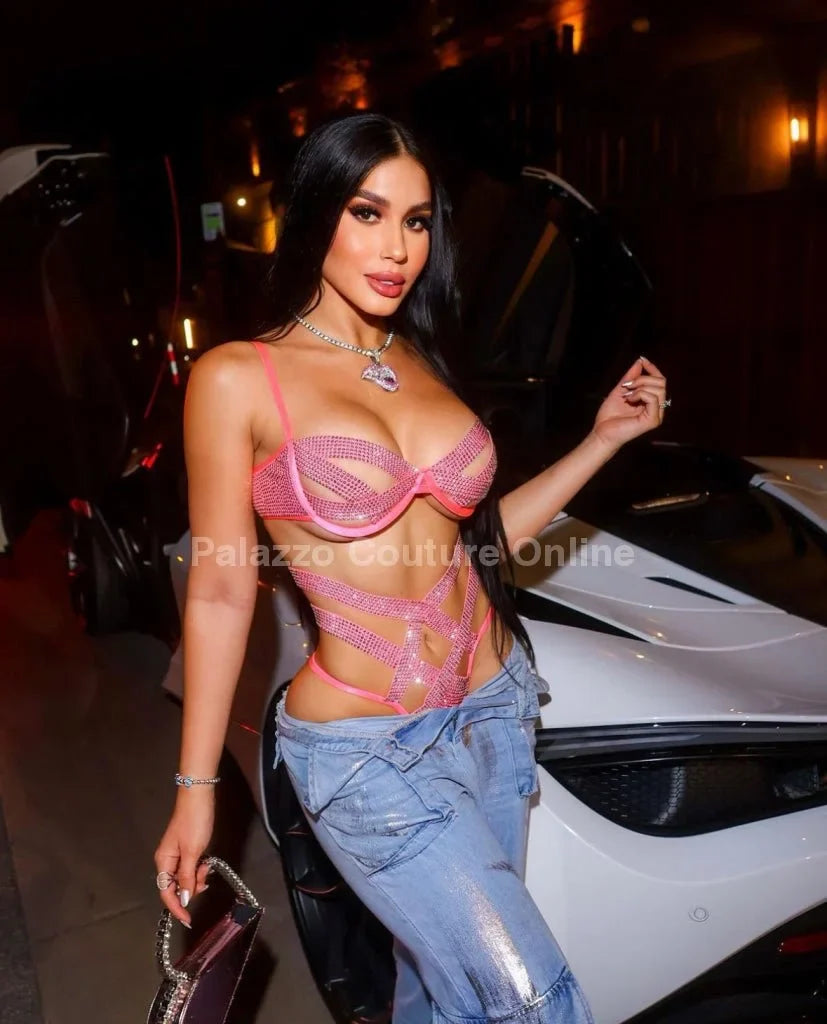 2 Pcs Rhinestone Strappy Bikini Set (Hot Pink)