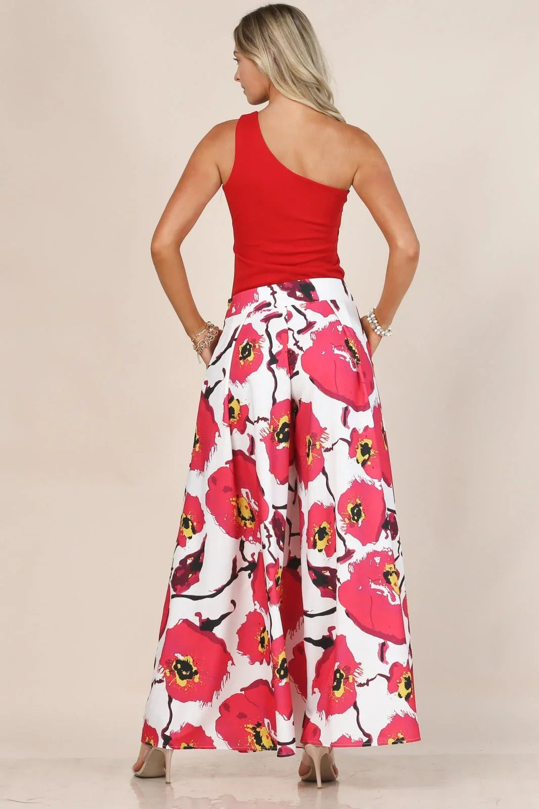 Big Red Flower Print Wide Leg Palazzo Pants