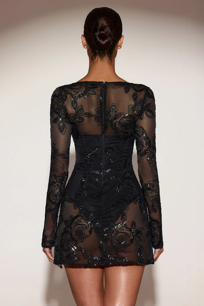 Sheer Embellished Bodysuit Corset Mini Dress in Black