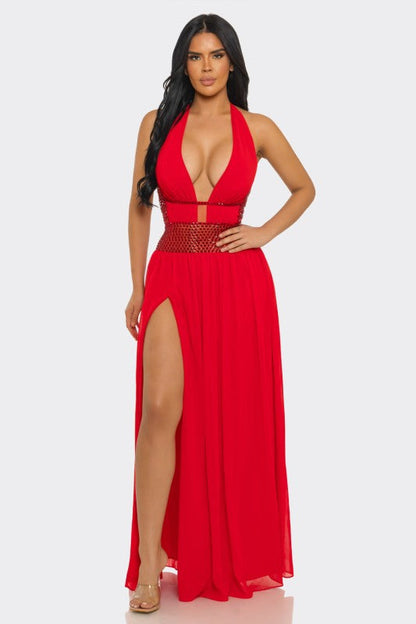 Goddess Allure Rhinestone Halter Gown- Red