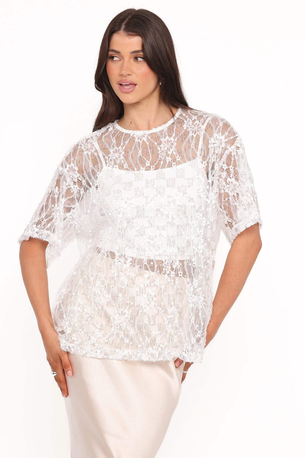 Yonder Sheer Lace Tee Top - White