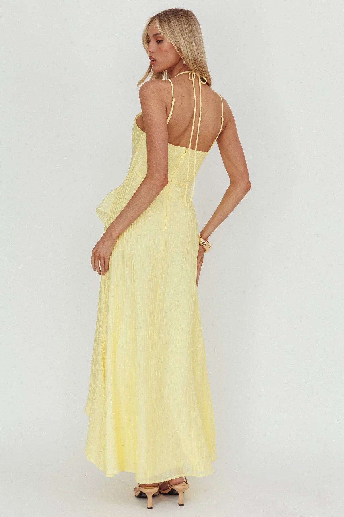 Nerisse Textured Frill Halter Maxi Dress Lemon