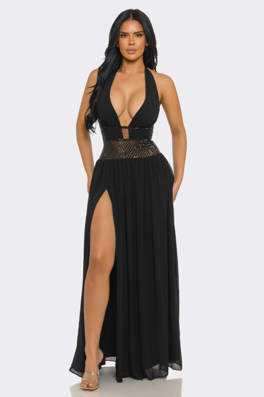 Goddess Allure Rhinestone Halter Gown- Black