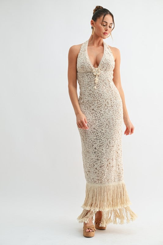 Isla Fringe Crochet Maxi Dress - Natural