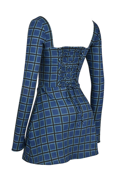 blue tartan corset mini dress
