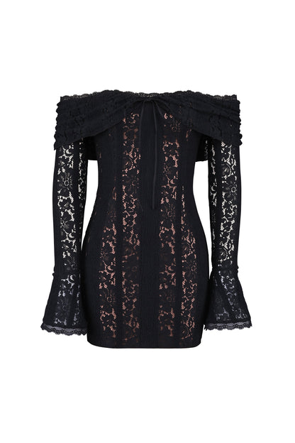 black floral lace off shoulder mini dress