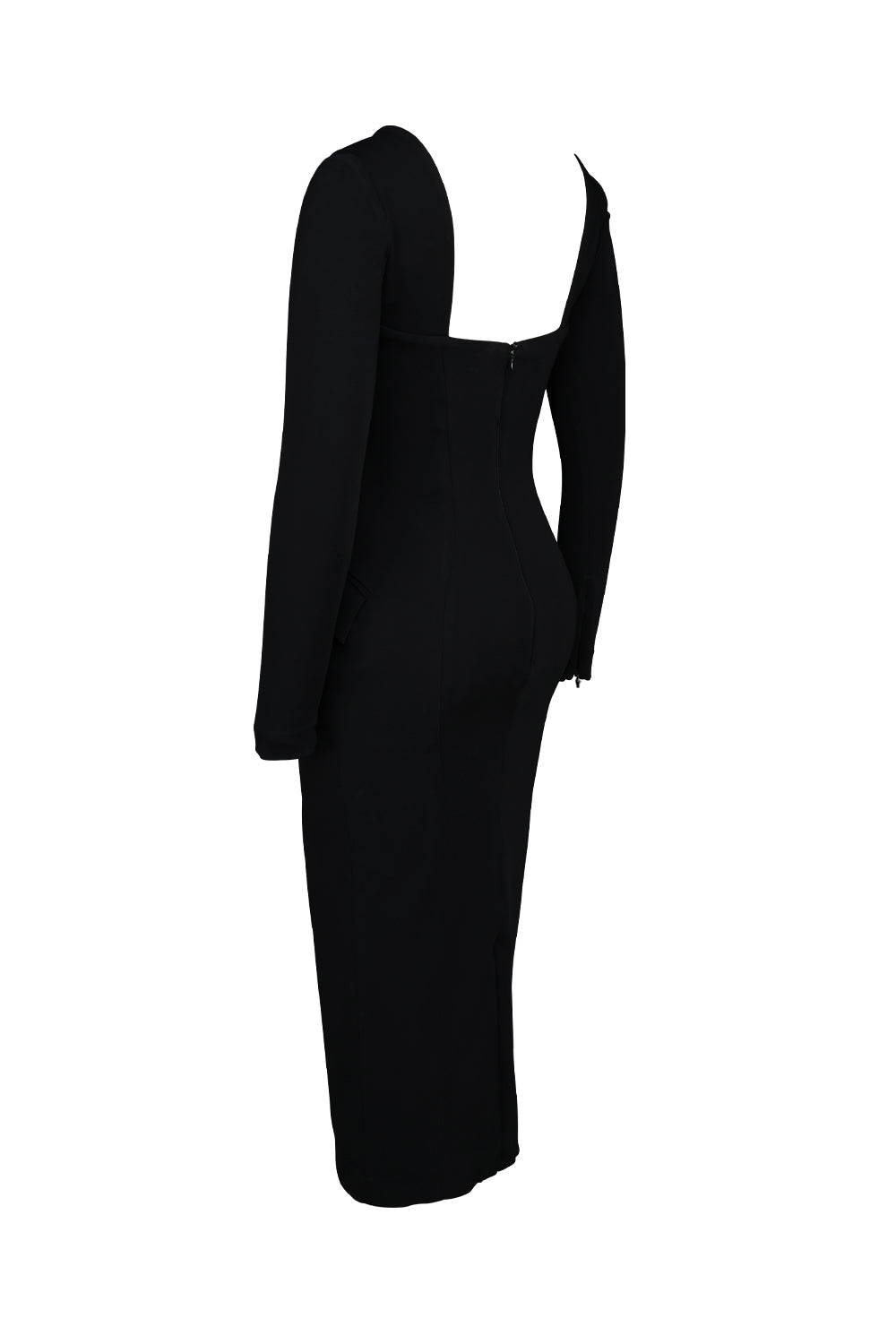 black stretch crepe long sleeve midi dress