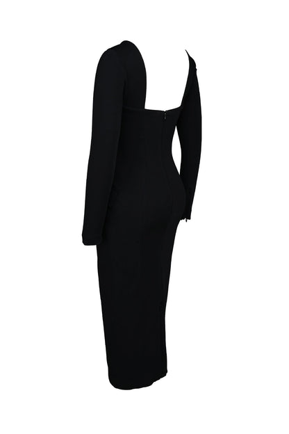 black stretch crepe long sleeve midi dress