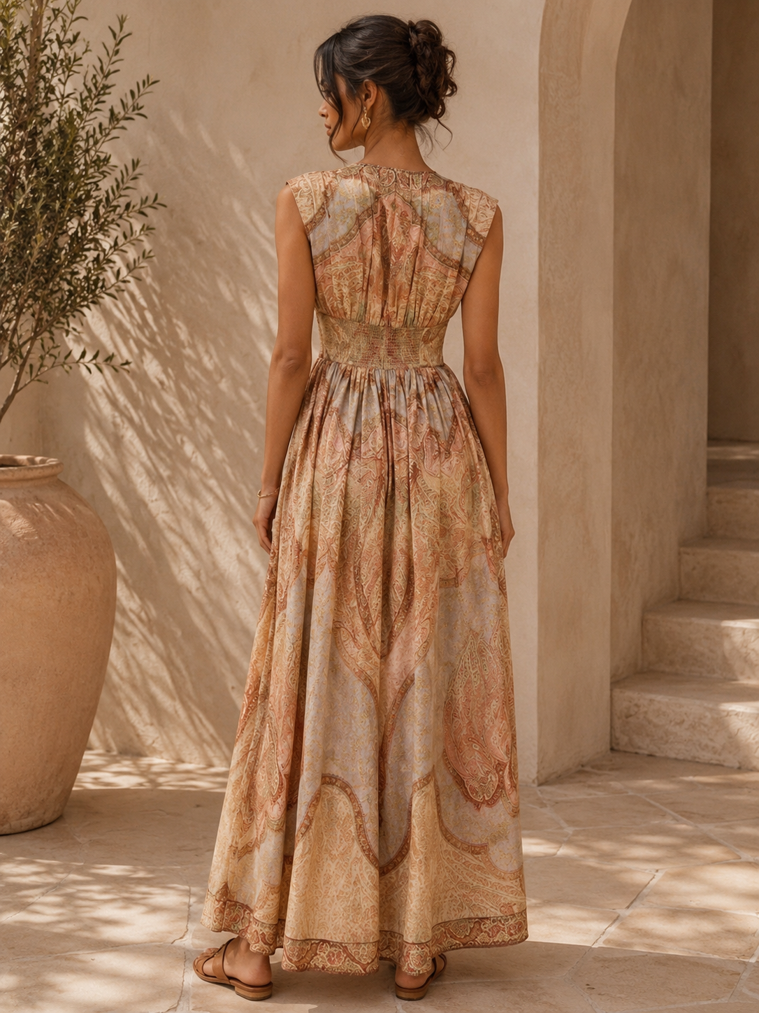 Golden Mirage Paisley Maxi Dress - Beige Multi