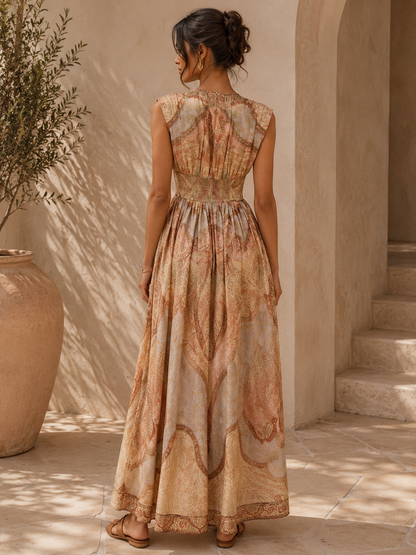 Golden Mirage Paisley Maxi Dress - Beige Multi