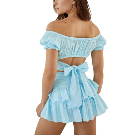 Lola Sky Blue Crop Top with Soft Ruffle Sleeves