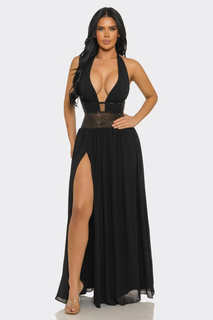 Goddess Allure Rhinestone Halter Gown- Black