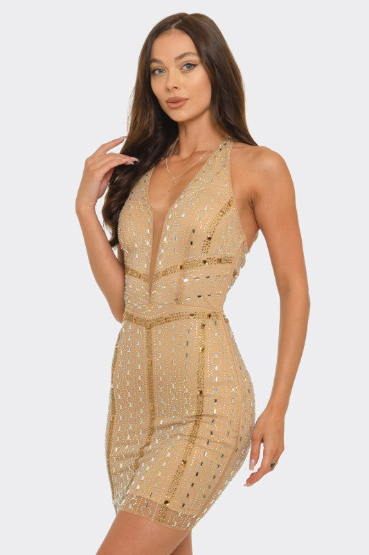 Golden Glow Rhinestone Halter Mini Dress