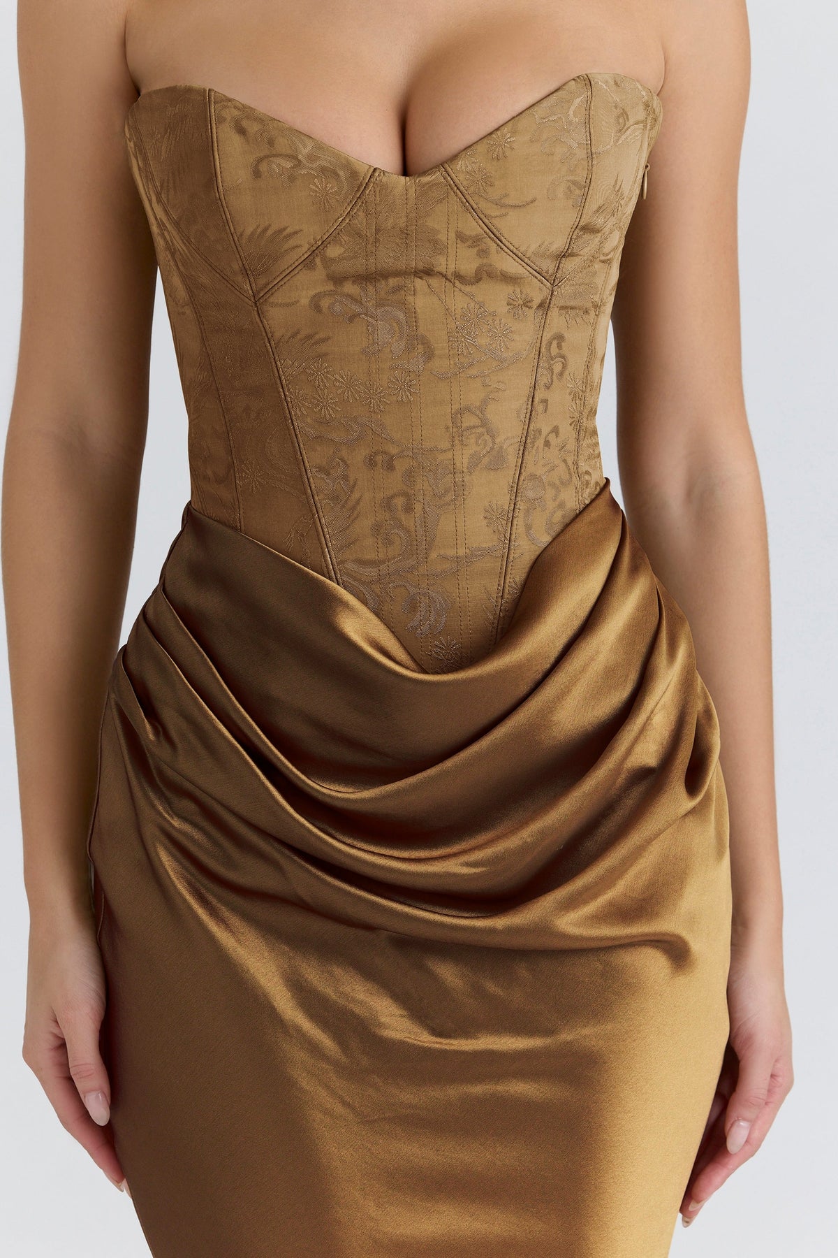 bronze brocade satin corset maxi dress