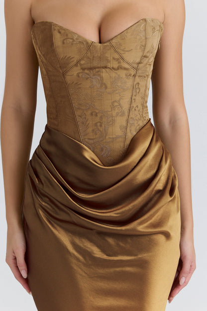 bronze brocade satin corset maxi dress