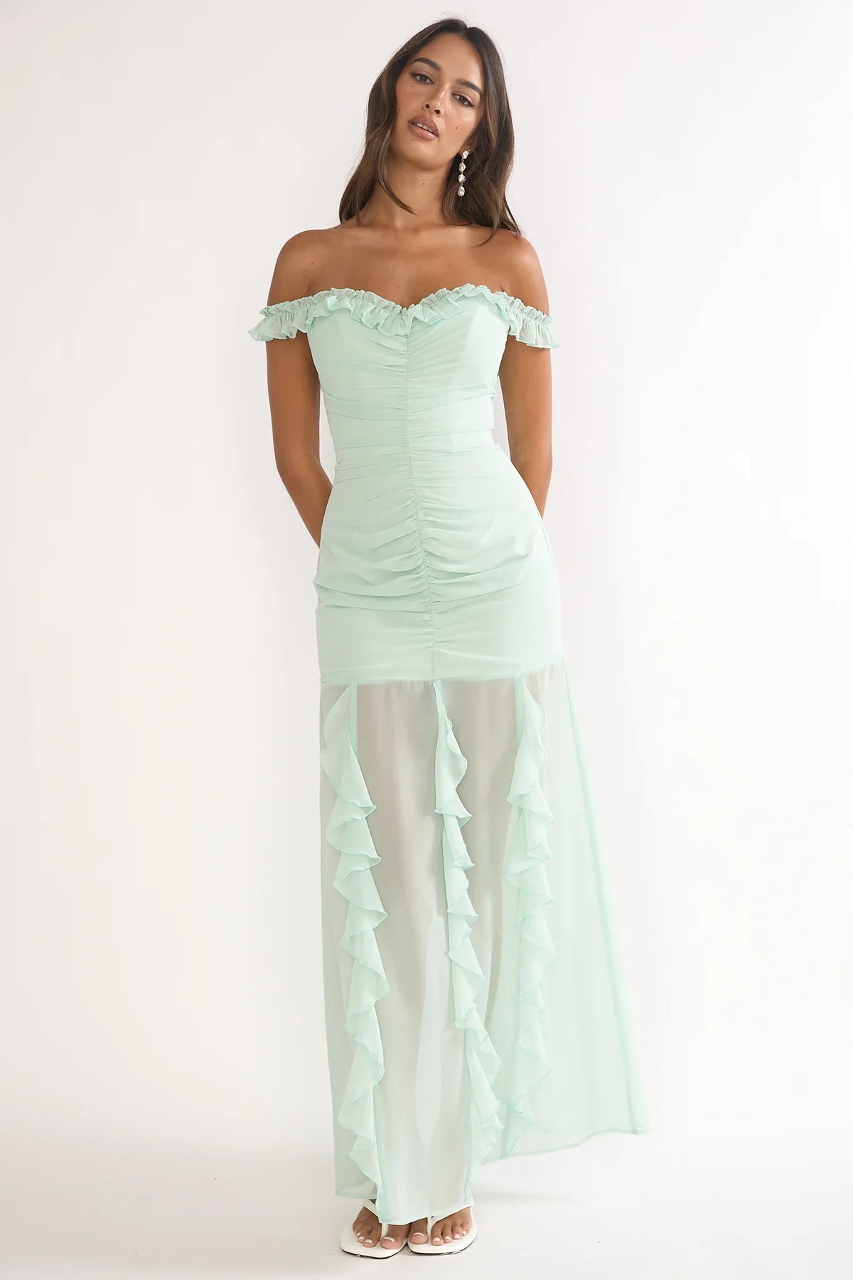 Fall In Love Off Shoulder Frill Maxi Dress Sage