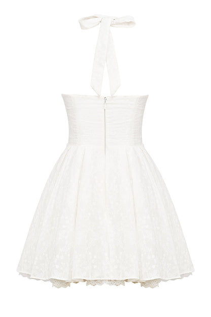 white broderie anglais halter mini dress