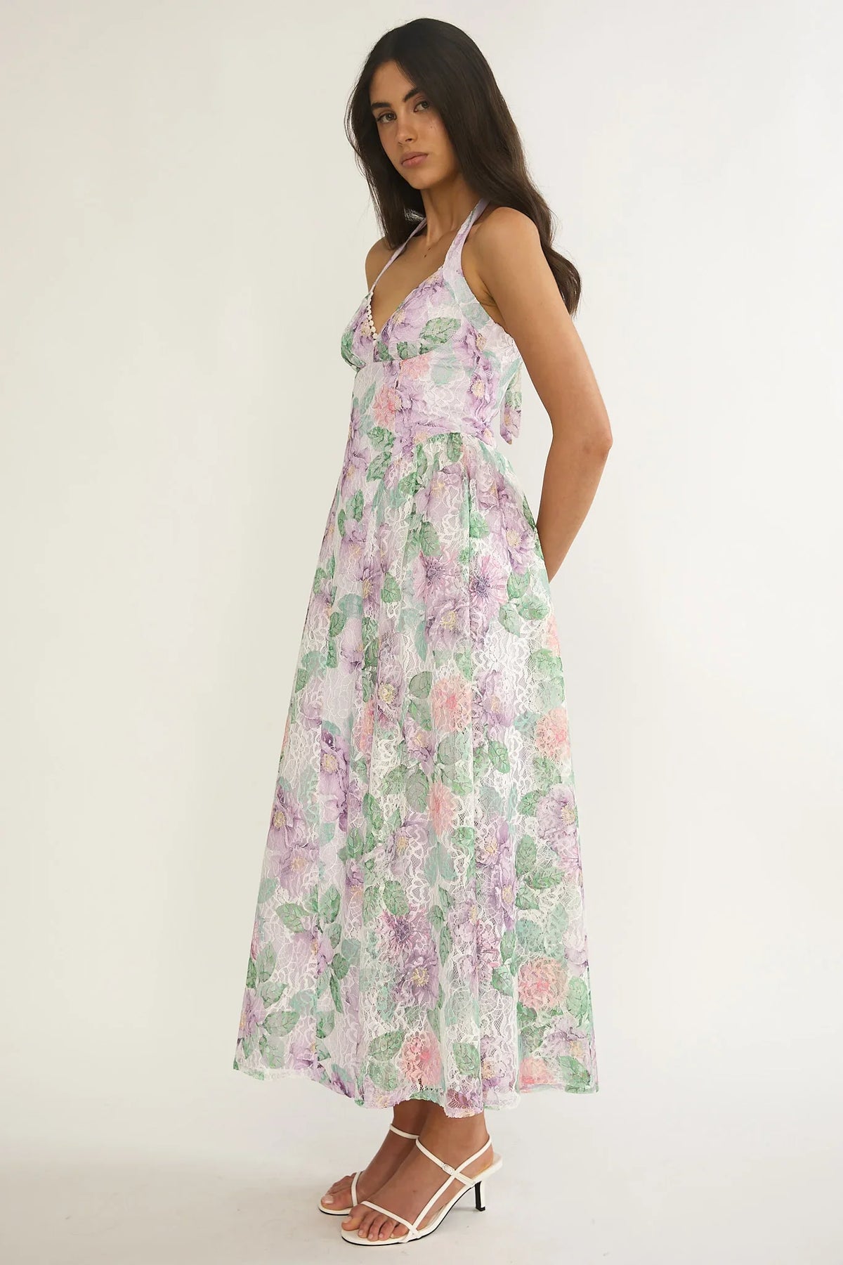 Florent Sweetheart Halterneck Maxi Dress Lace Lilac