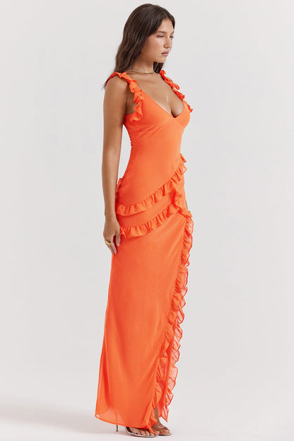 flame orange ruffle maxi dress