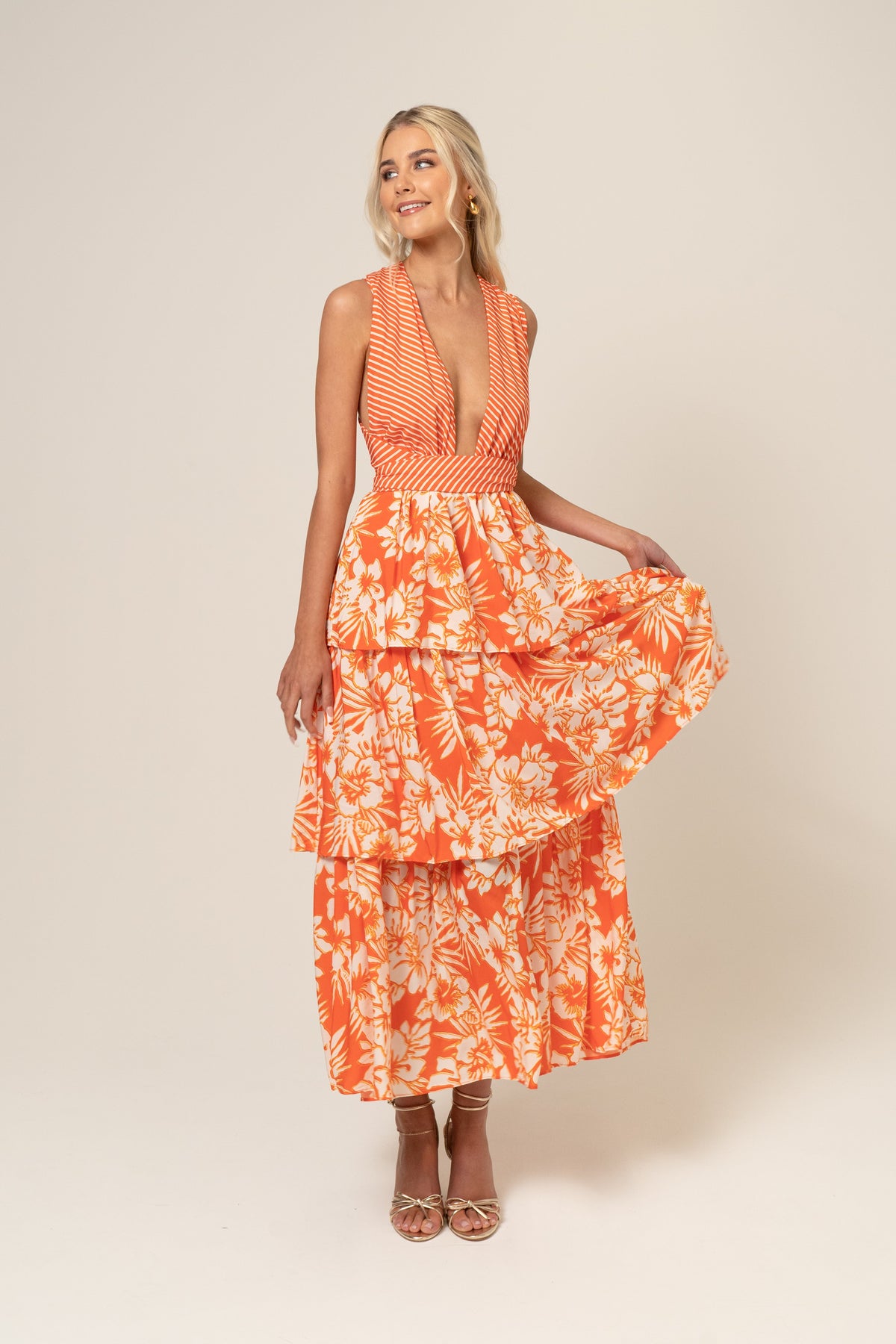 Lydia Orange Print Cross Back Maxi Dress