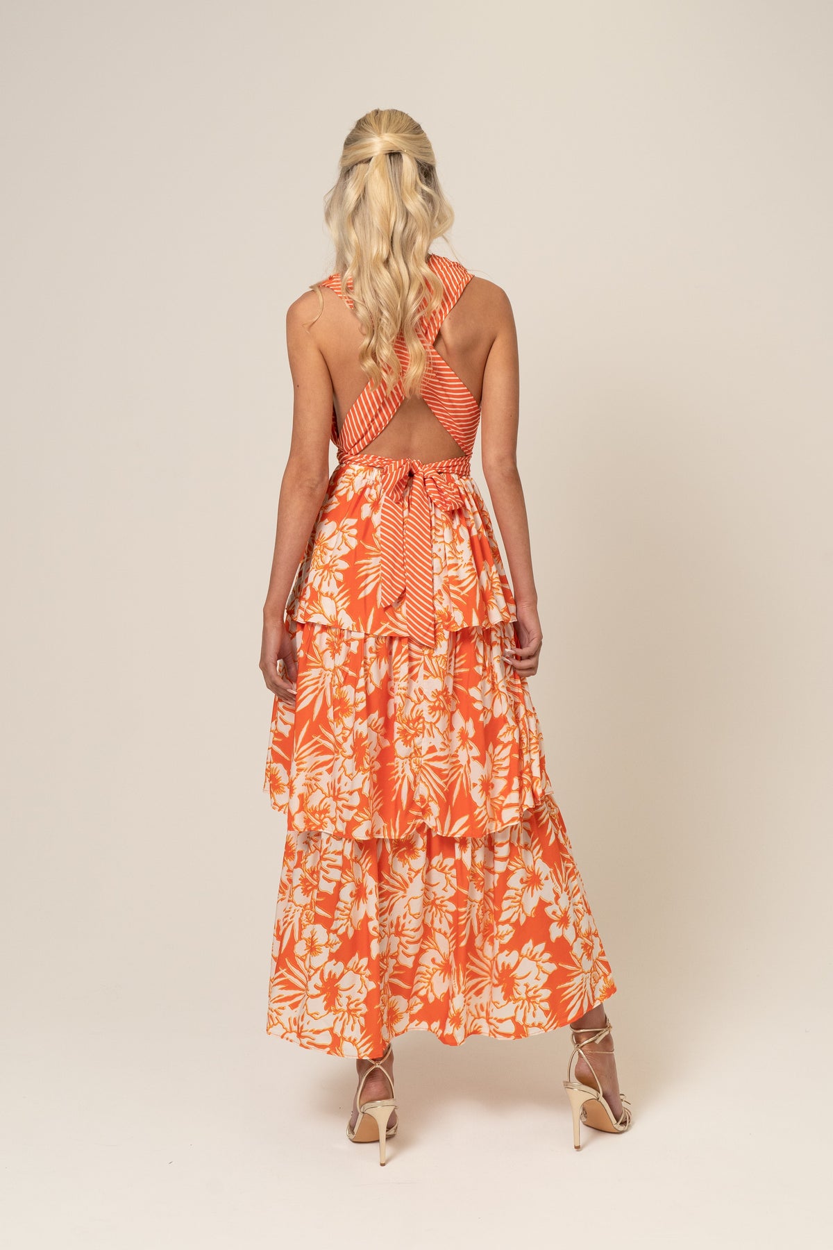 Lydia Orange Print Cross Back Maxi Dress