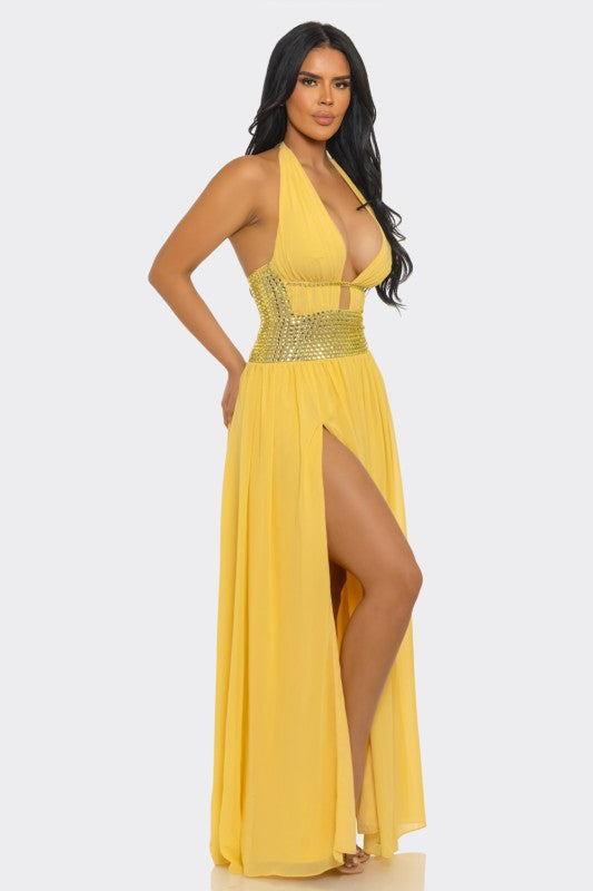 Goddess Allure Rhinestone Halter Gown- Yellow