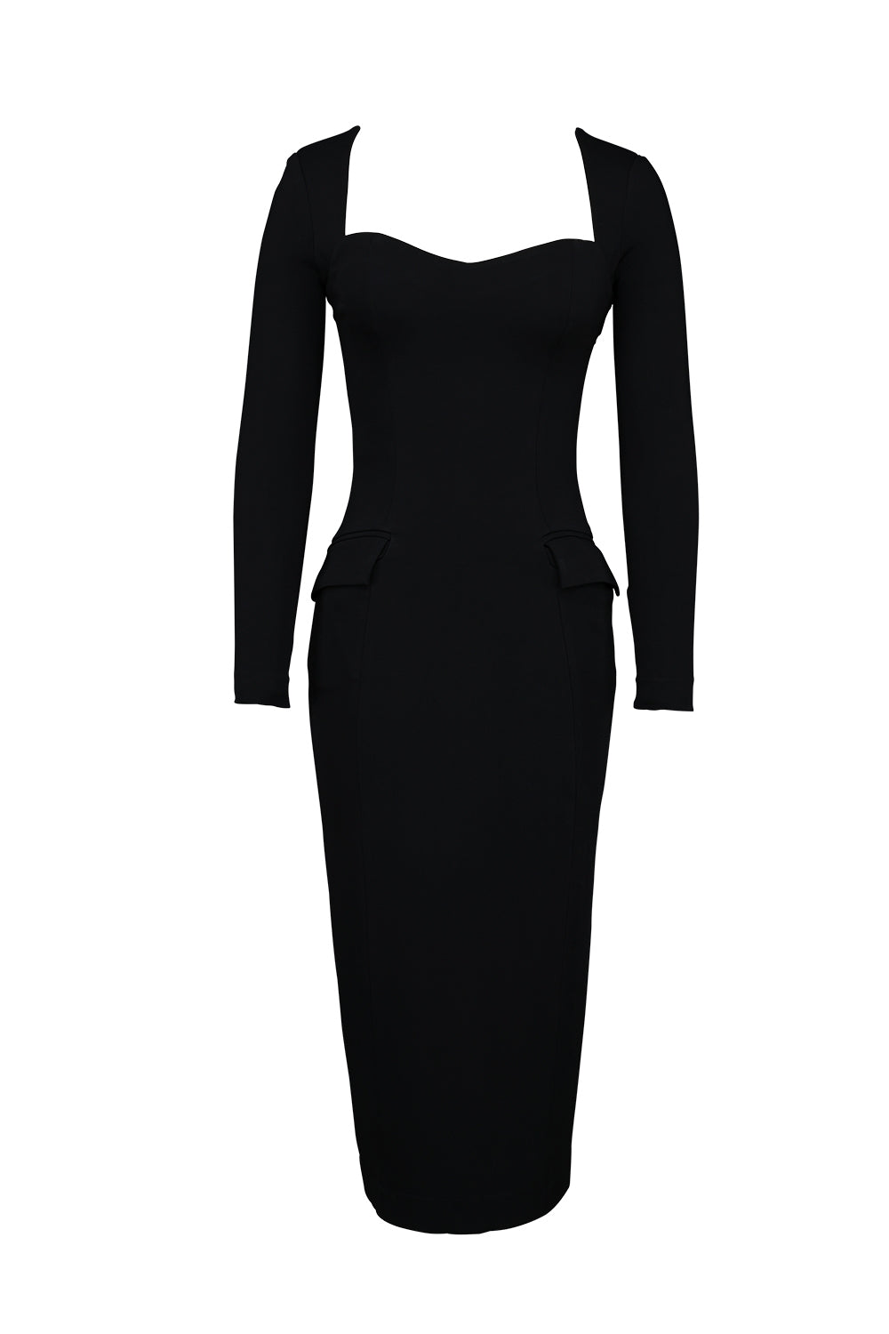 black stretch crepe long sleeve midi dress