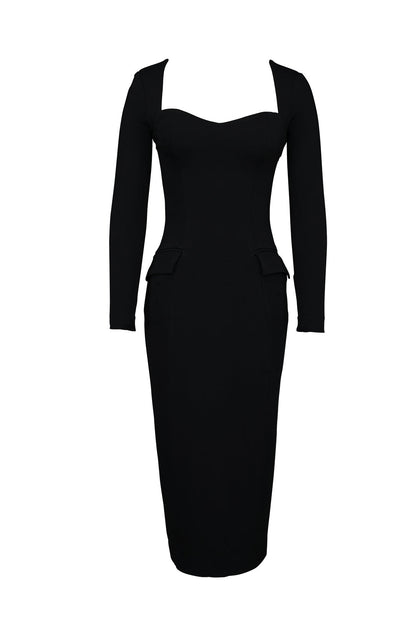 black stretch crepe long sleeve midi dress