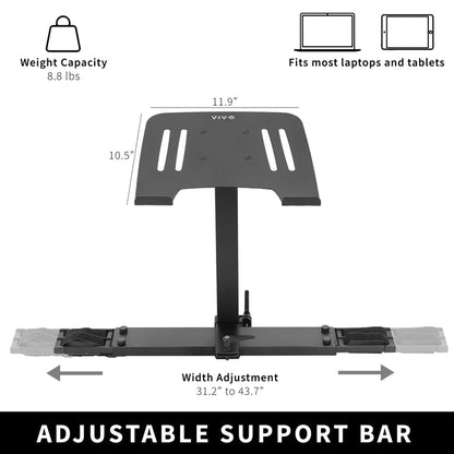 Adjustable support bar of a laptop or tablet treadmill workstation.