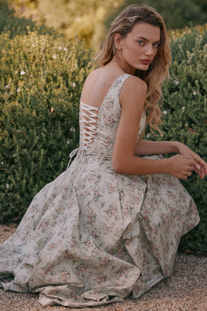 sage floral print cotton midi dress