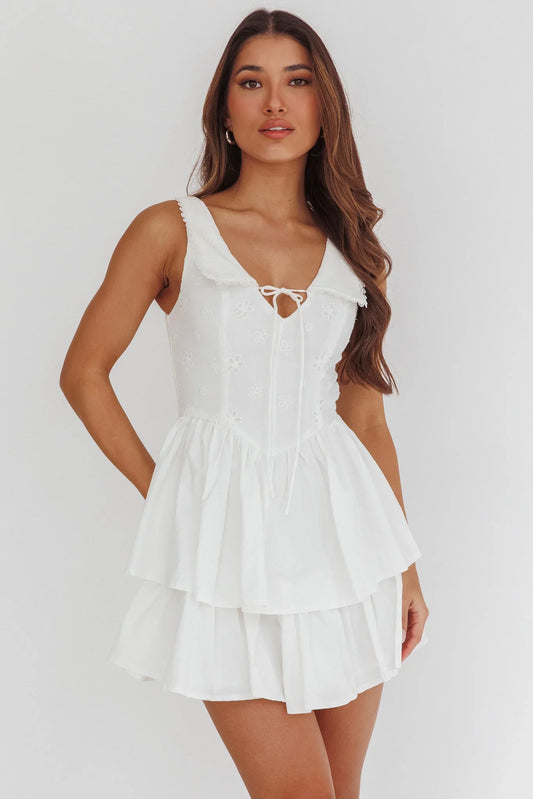 Corella Tied Bust Layered Hem Mini Dress White