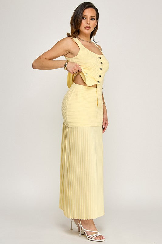 Elegant Muse Pleated Maxi Skirt Set - Yellow
