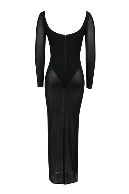 black mesh maxi dress with bodysuit