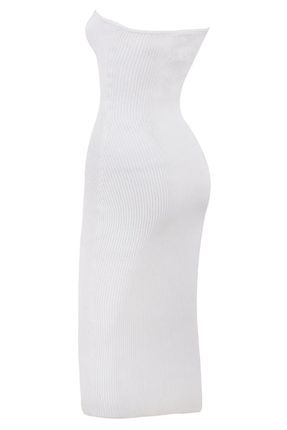 white ribbed knit strapless midi dress