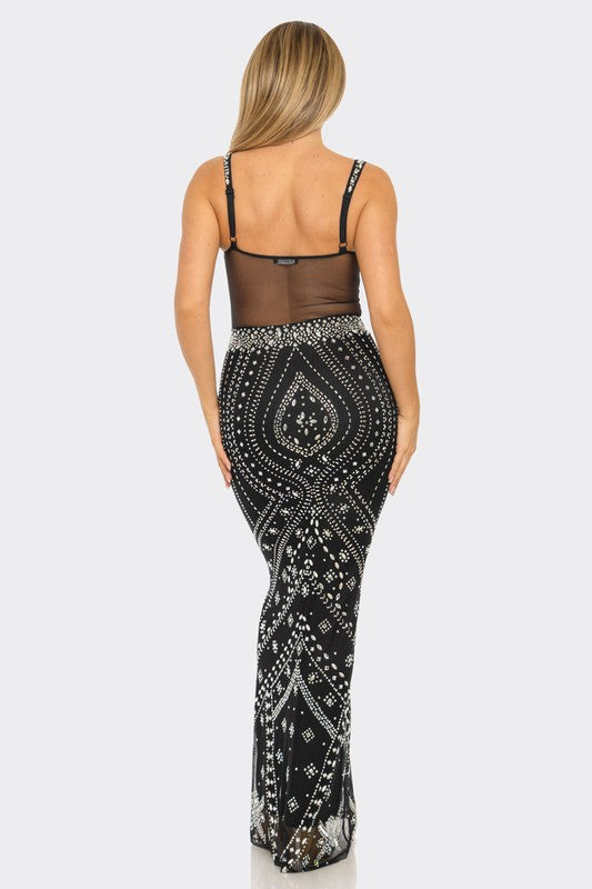 Crystal Cascade Rhinestone Gown- Black