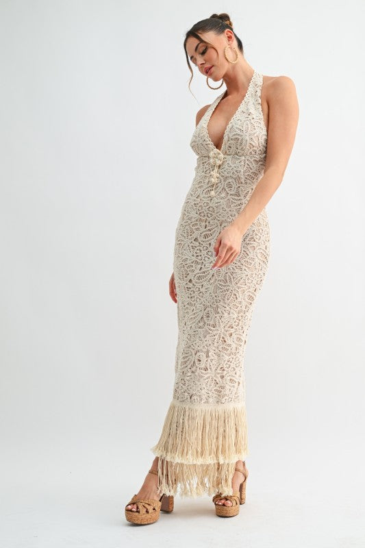 Isla Fringe Crochet Maxi Dress - Natural