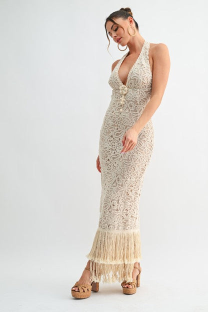 Isla Fringe Crochet Maxi Dress - Natural