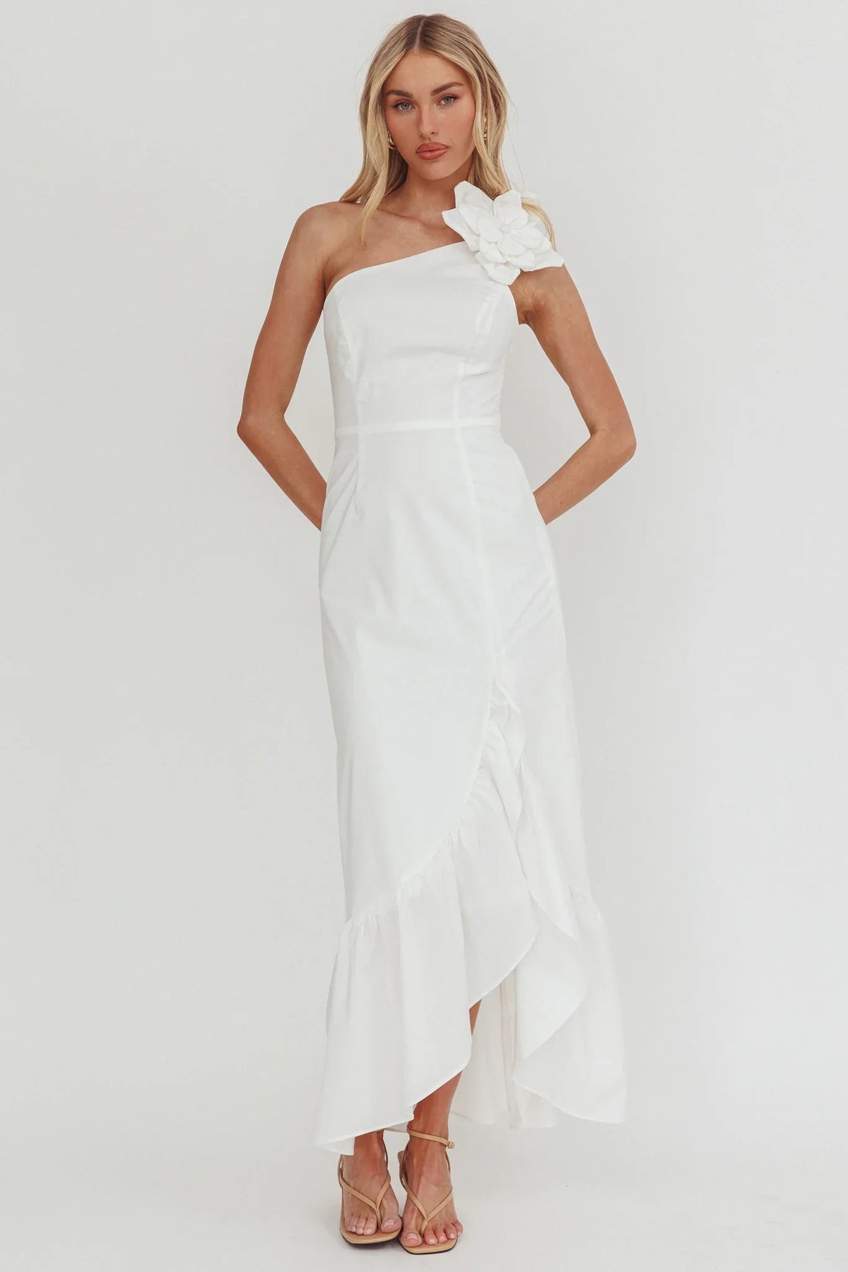 Dena One-Shoulder Frill Hem Maxi Dress White