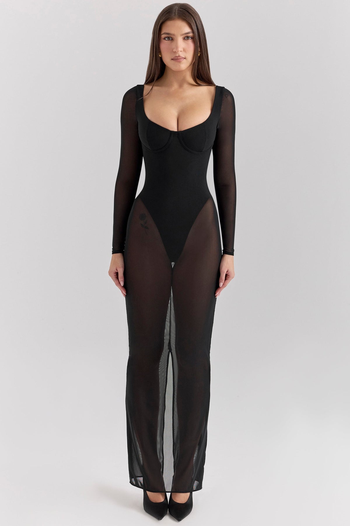 black mesh maxi dress with bodysuit