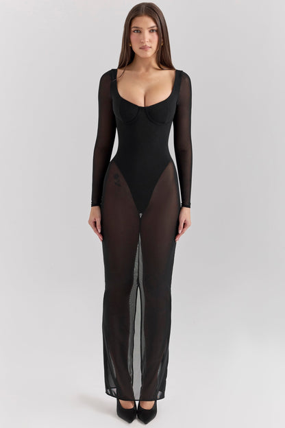black mesh maxi dress with bodysuit
