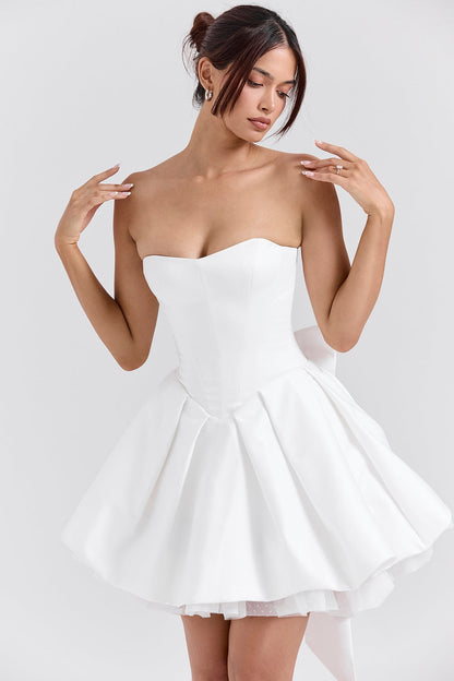 white satin strapless bow mini gown